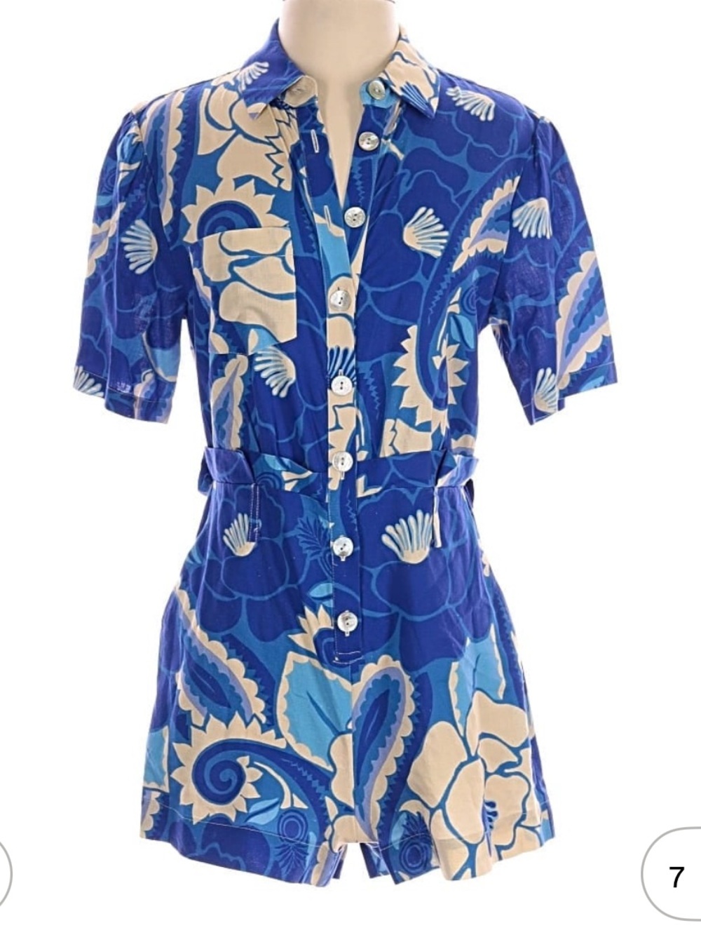 FARM Rio Tropical Groove Blue and Cream Floral Short Romper- NWT